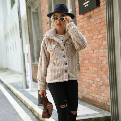 Women's plush jacket with textured fleece and modern button details NOVAE