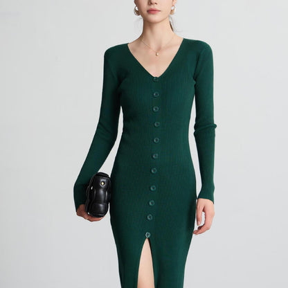 Women's Long-Sleeved Maxi Dress with Ribbed Texture and Button Detail NOVAE