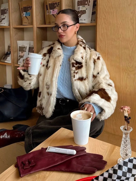 Women's fashionable short jacket made of faux fur with a unique animal motif NOVAE