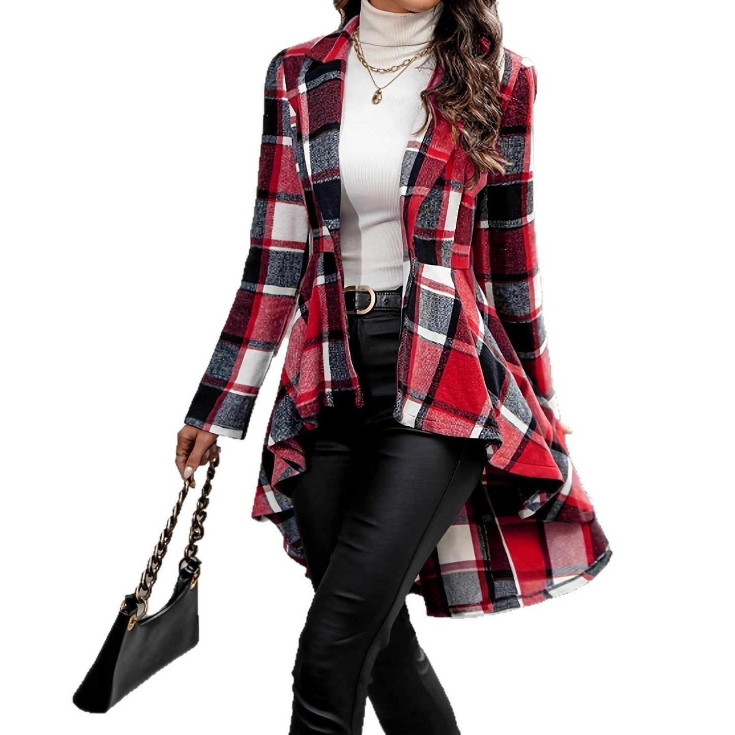 Women's elegant and flowing checked jacket with asymmetrical hem NOVAE