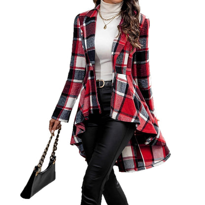 Women's elegant and flowing checked jacket with asymmetrical hem NOVAE