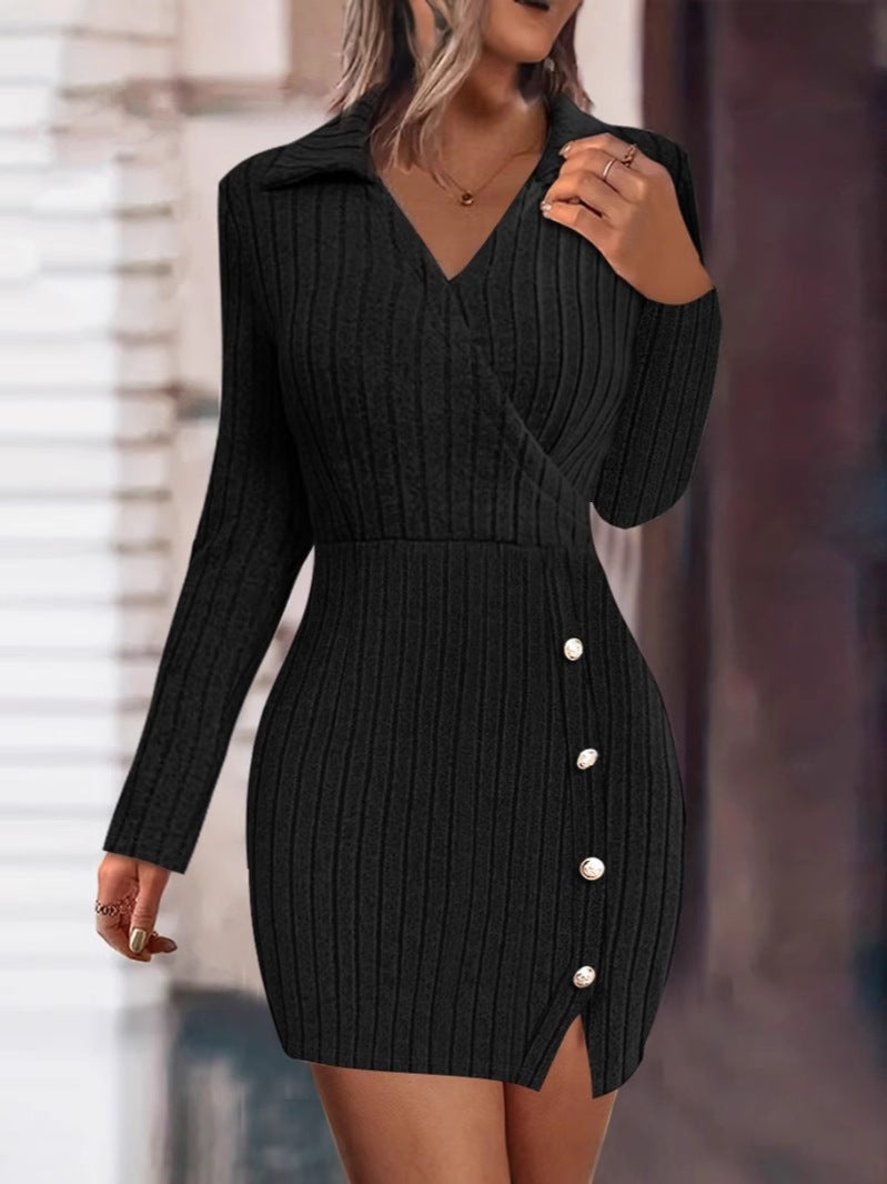 Women's knitted dress with V-neck and button details NOVAE