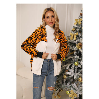 Women's plush jacket in tiger design with high collar and side pockets NOVAE