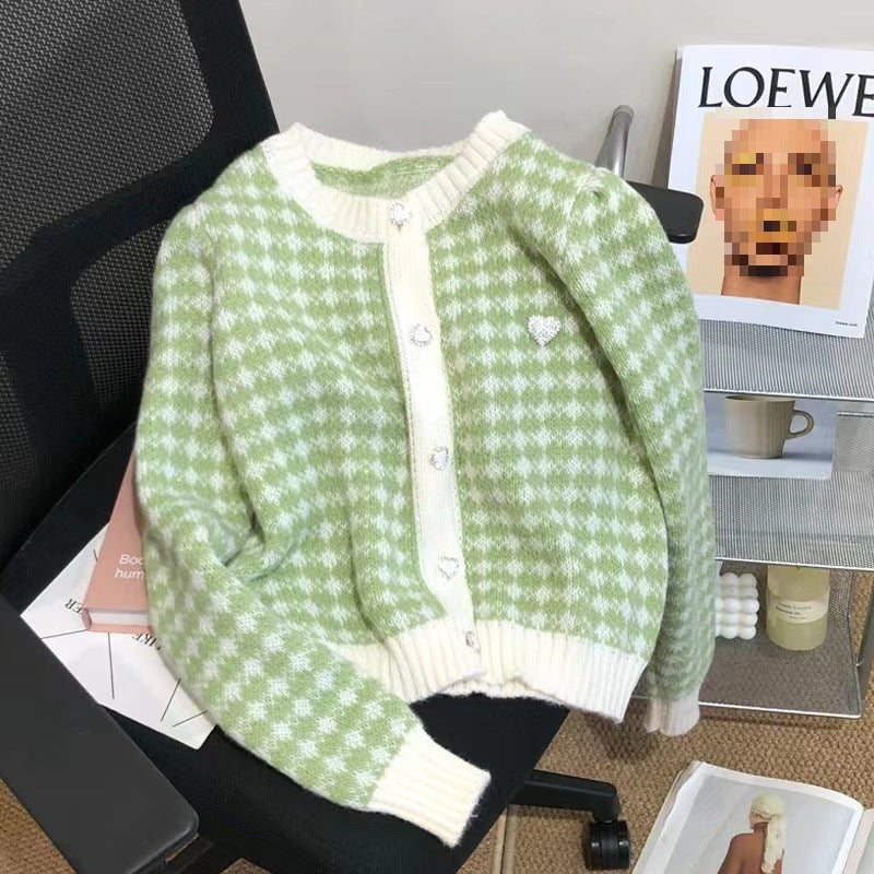 Women's soft cardigan with textured check pattern and hearts NOVAE