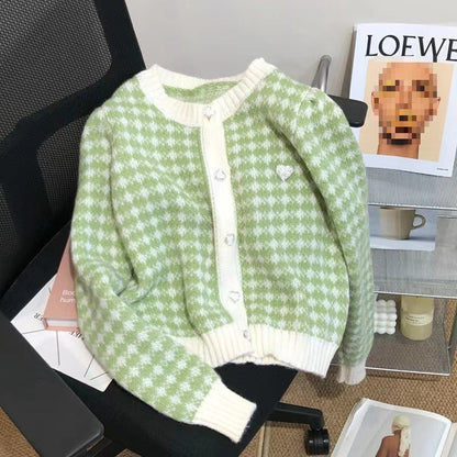 Women's soft cardigan with textured check pattern and hearts NOVAE