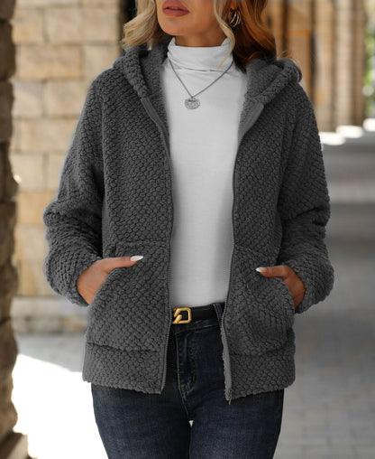 Women's Plush Fleece Jacket with Hoodie and Pockets NOVAE