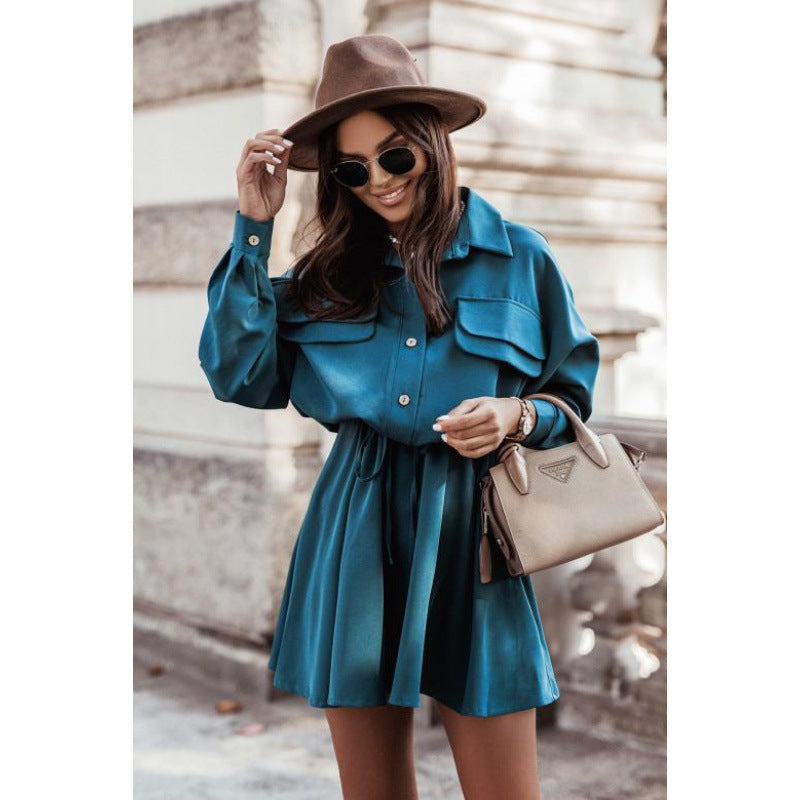 Women's shirt dress with elegant tie belt and practical pockets NOVAE