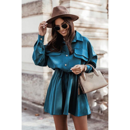 Women's shirt dress with elegant tie belt and practical pockets NOVAE