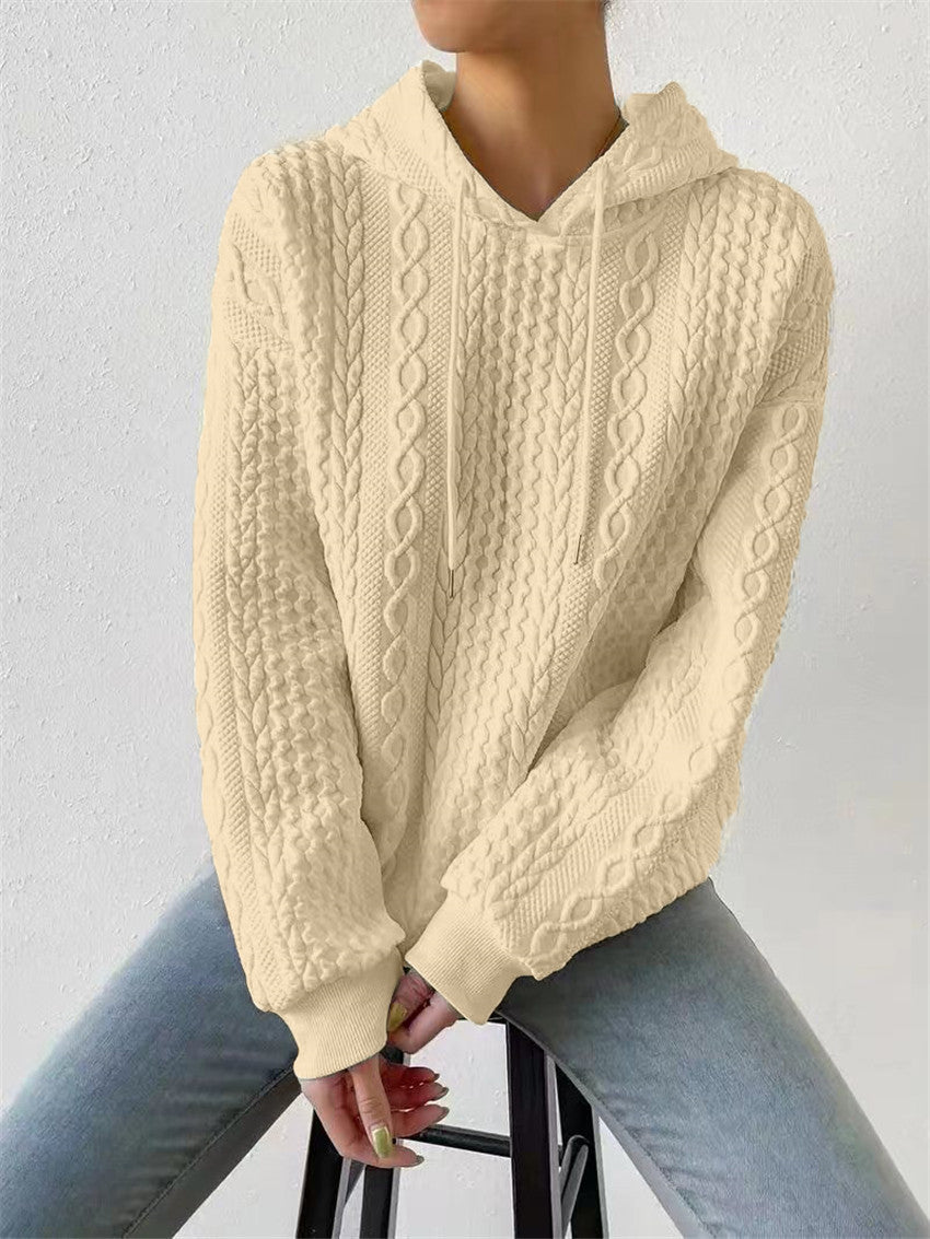 Women's High-Quality Knitted Sweater with Hood and Decorative Cable Pattern NOVAE