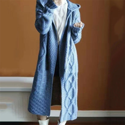 Women's Long Knitted Coat with Hood and Cable Pattern NOVAE