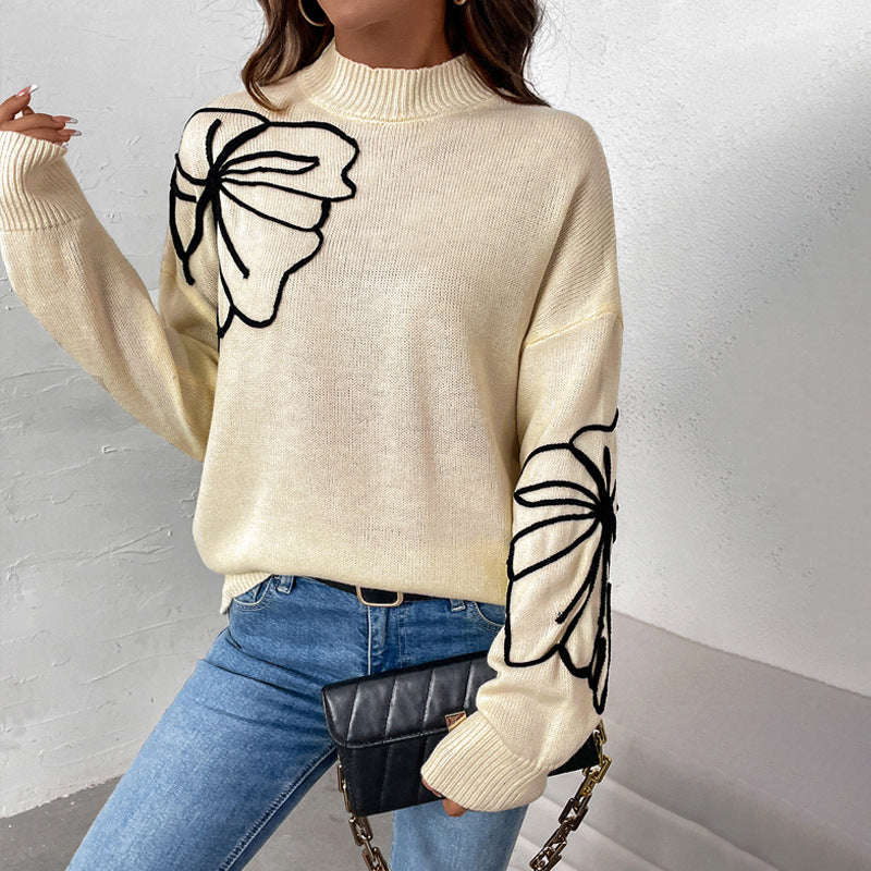 Women's knitted sweater with floral design and high collar NOVAE