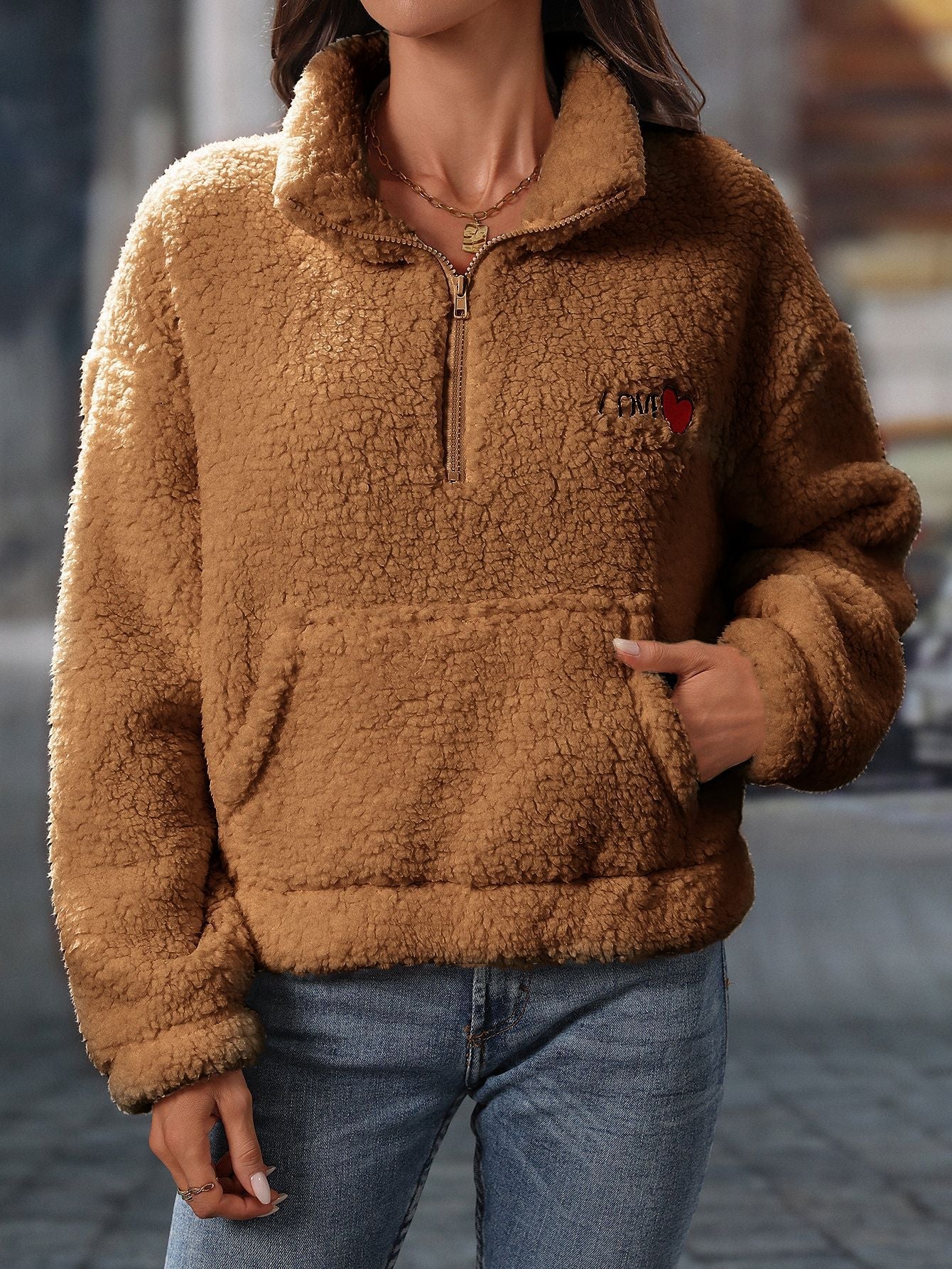 Women's Cozy Fleece Sweater with High Collar and Practical Pockets NOVAE