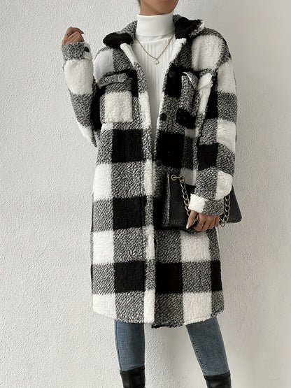 Women's teddy sweater jacket with checkered pattern and practical pockets NOVAE