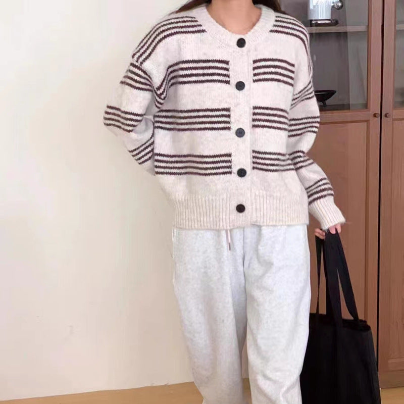 Women's fashionable cardigan with fine striped texture and decorative buttons NOVAE