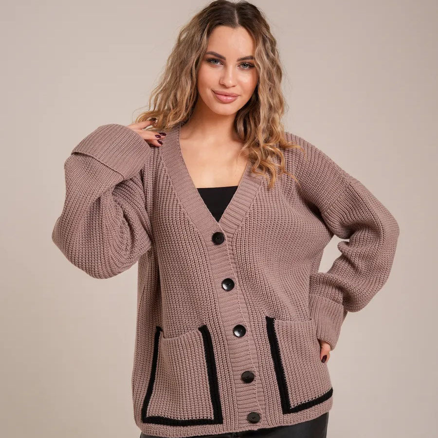 Women's chunky knit cardigan with large pockets and decorative button NOVAE