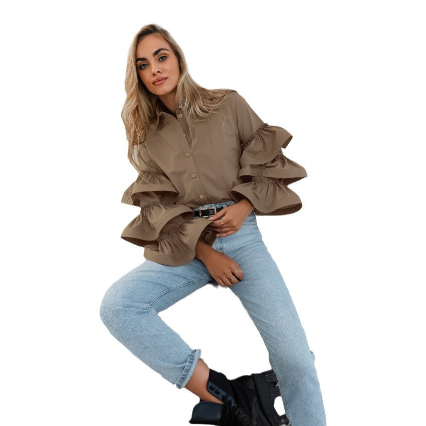 Women's blouse with voluminous ruffled sleeves NOVAE