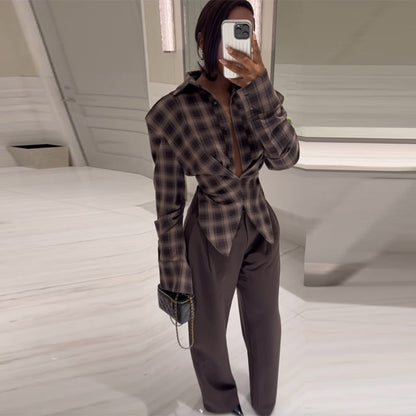 Women's wide-cut plaid blouse with innovative collar NOVAE