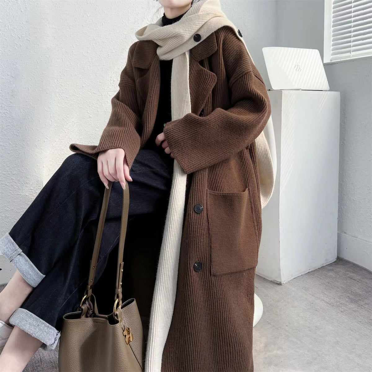 Women's Elegant Long Coat with Belt and Contrasting Sleeves NOVAE