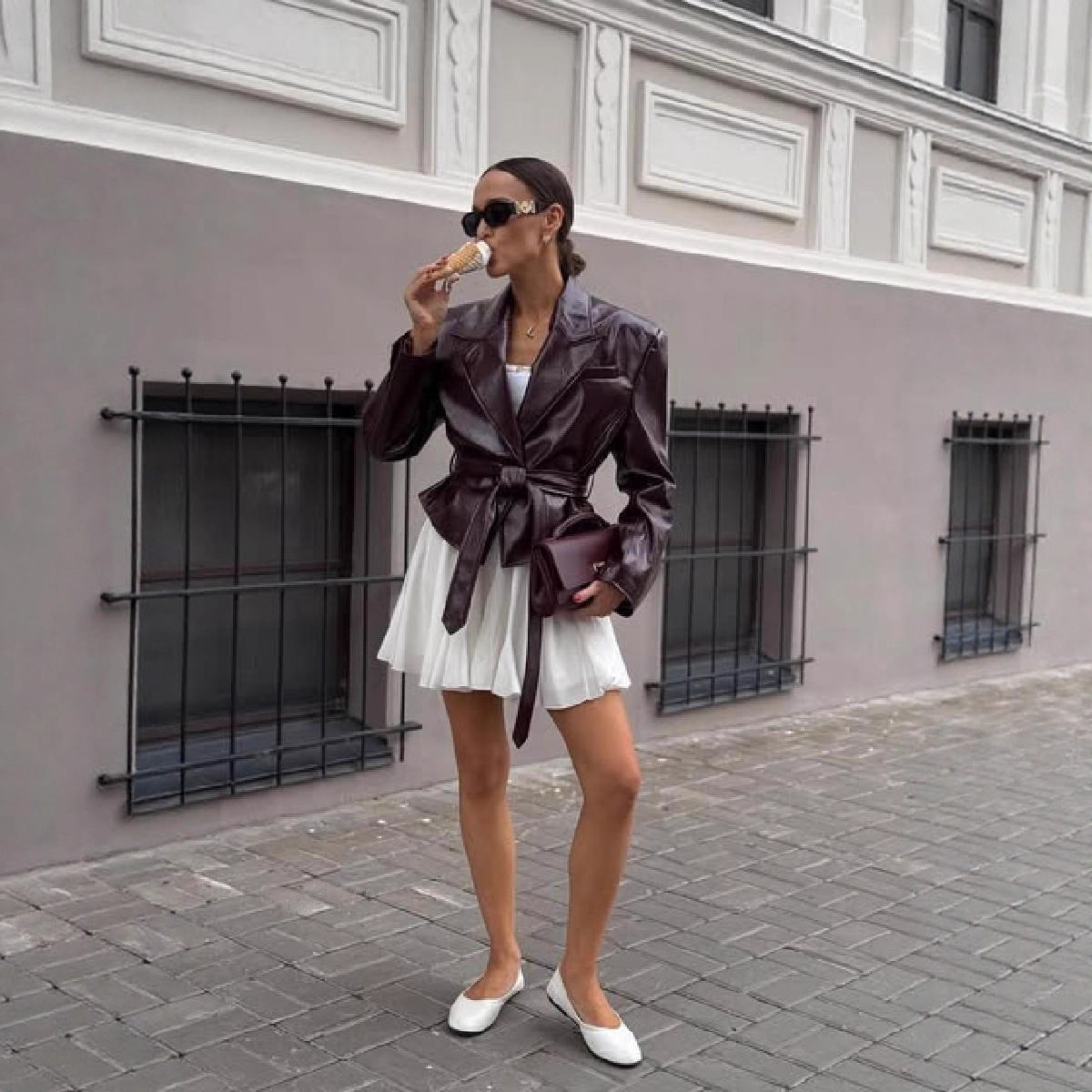 Women's faux leather blazer with adjustable belt NOVAE