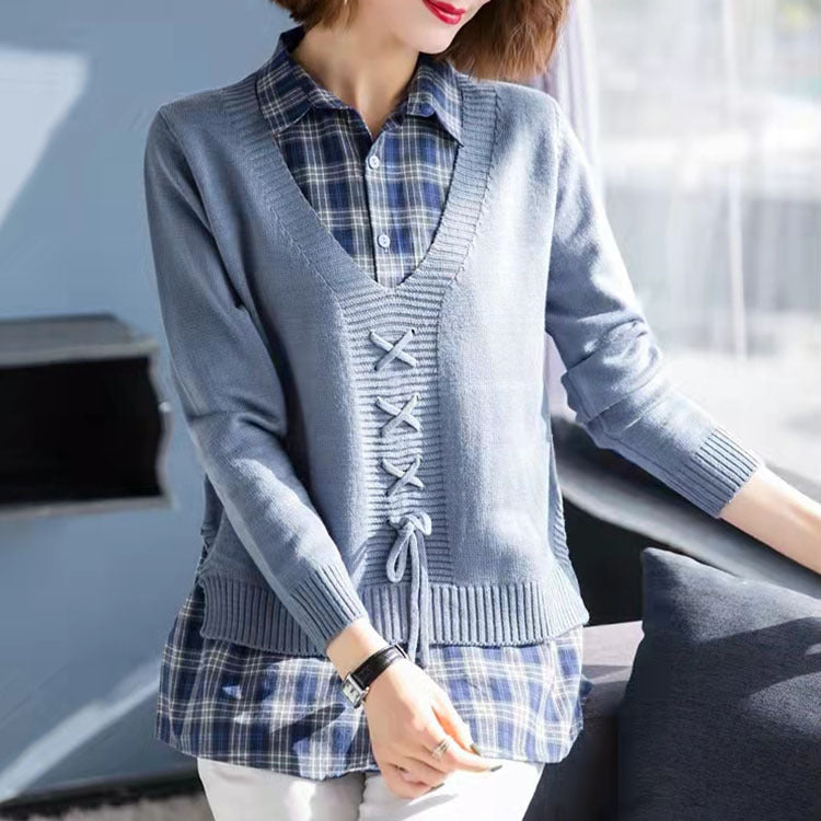 Women's knitted sweater with a sophisticated drawstring and V-neck NOVAE