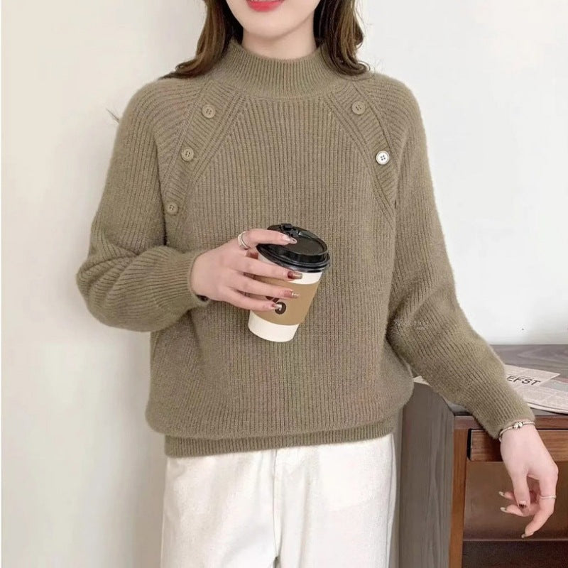 Women's chunky knit sweater with modern stand-up collar and button details NOVAE