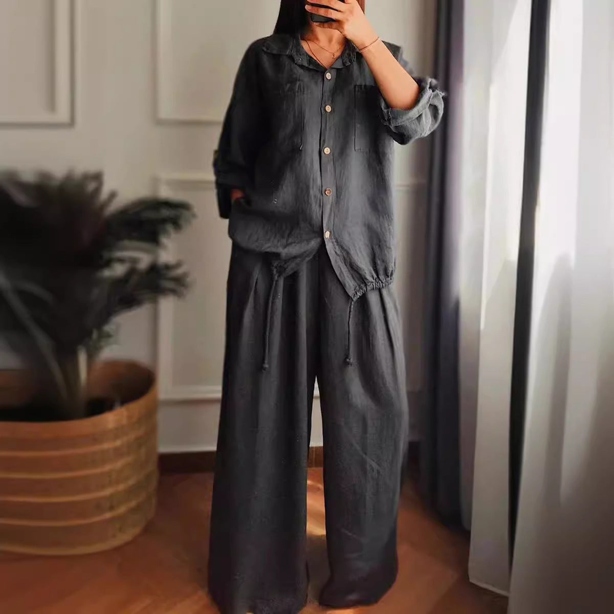 Women's linen set with wide-leg trousers and casual blouse NOVAE