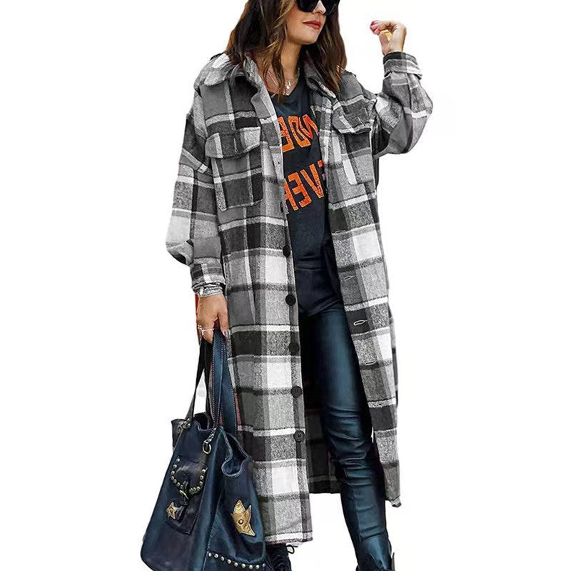 Women's Checkered Long Coat with Practical Pockets NOVAE