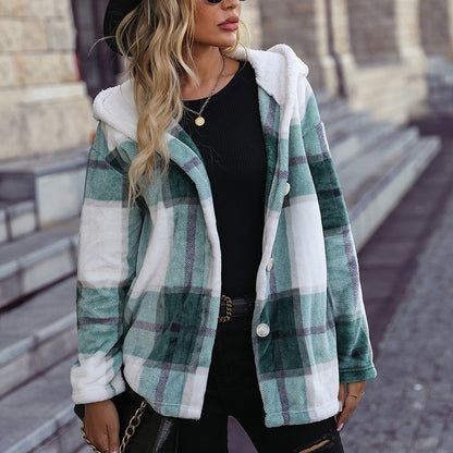 Women's Cozy Fleece Jacket with Hood and Checkered Design NOVAE