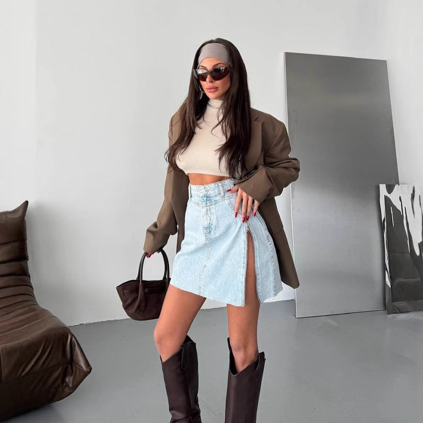 Women's denim skirt with asymmetrical hem and side zipper NOVAE