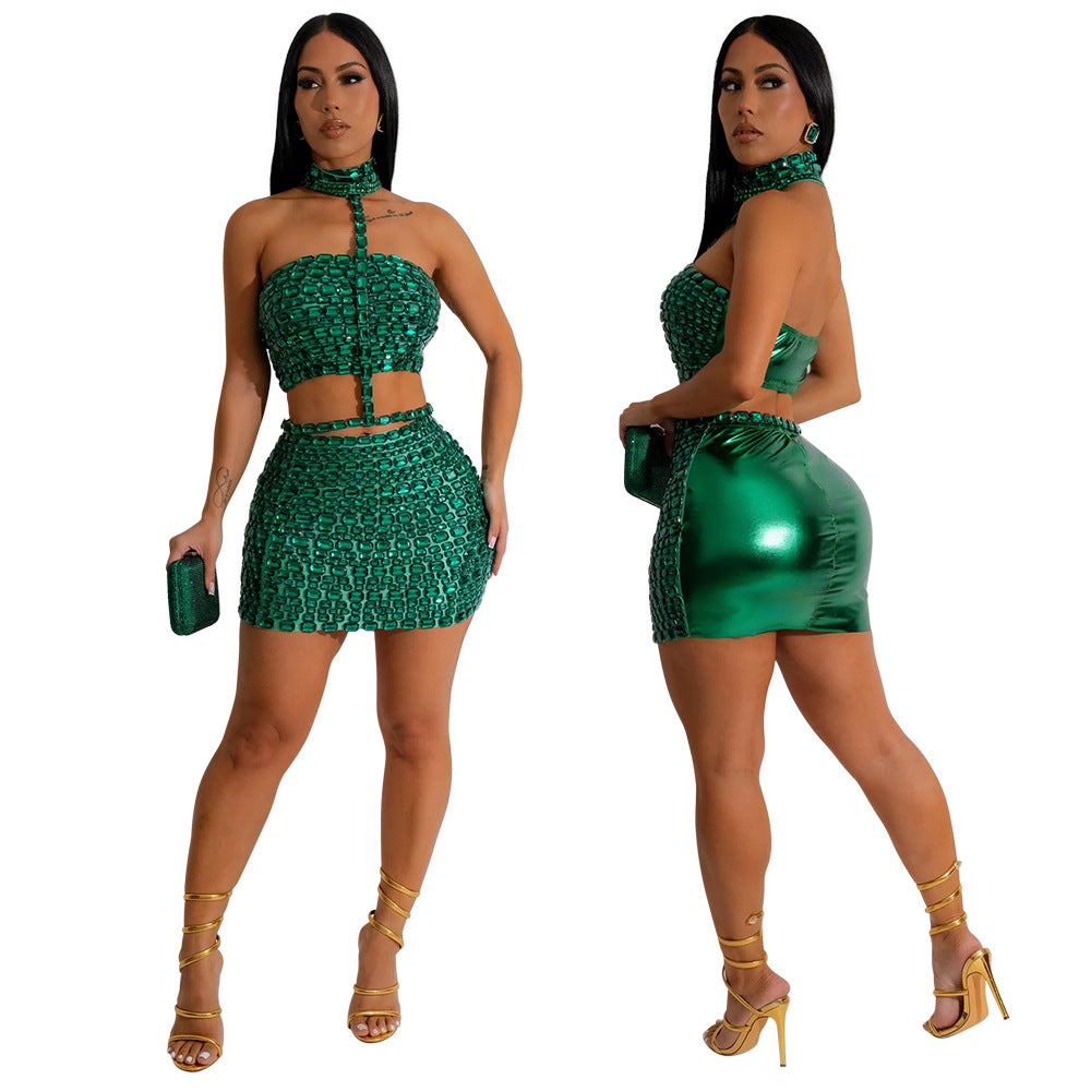 NOVAE | Knit Sequin Hooded Cropped Top and Mini Skirt Set