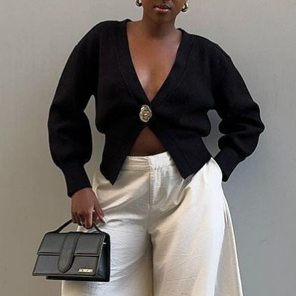 Women's elegant knit cardigan with deep V-neck and decorative button NOVAE