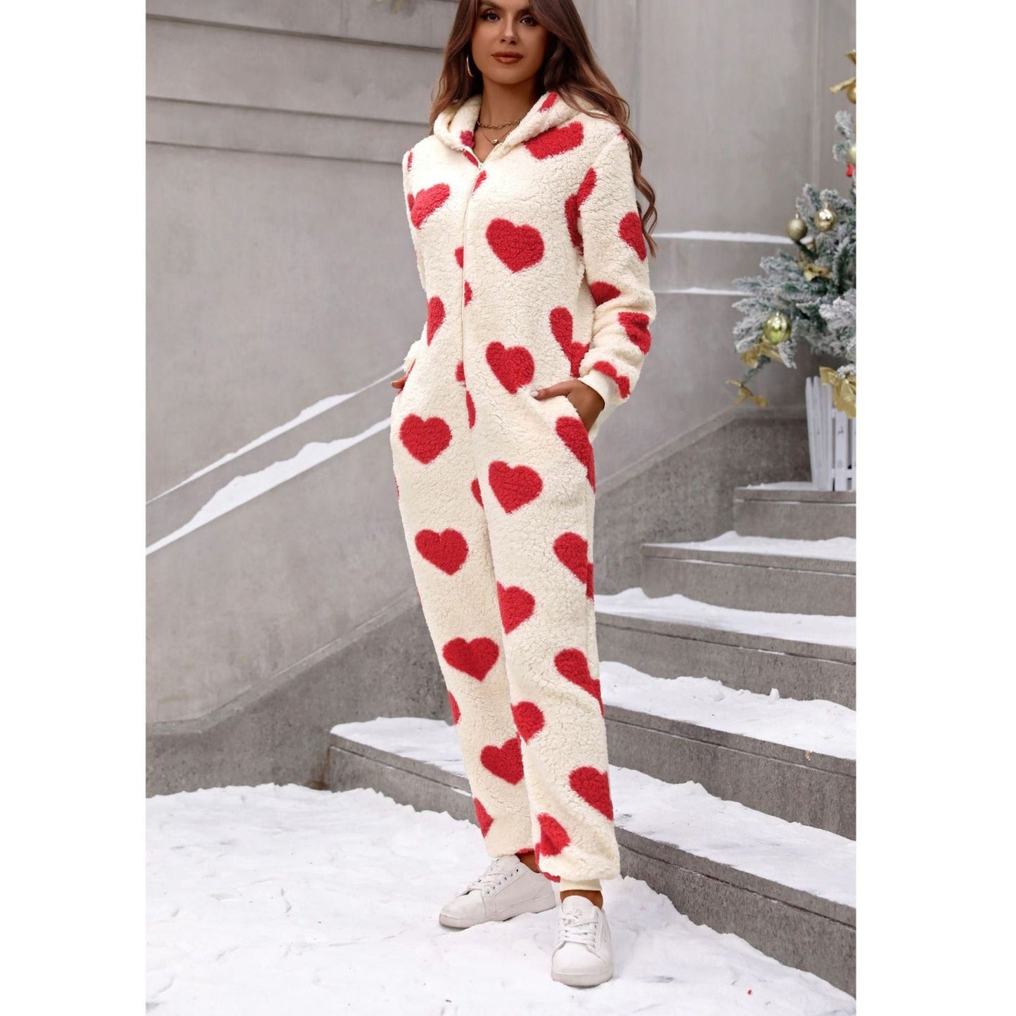 Women's hooded molton jumpsuit with heart pattern NOVAE