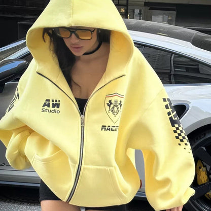 Women's oversized hooded jacket with graphic racing design NOVAE