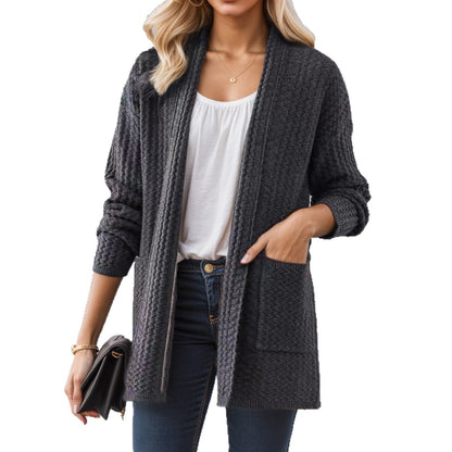 Women's cardigan with modern cable patterns and practical pockets NOVAE