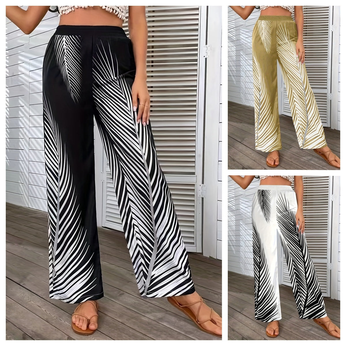 Women's Elegant and airy palazzo trousers with palm print NOVAE
