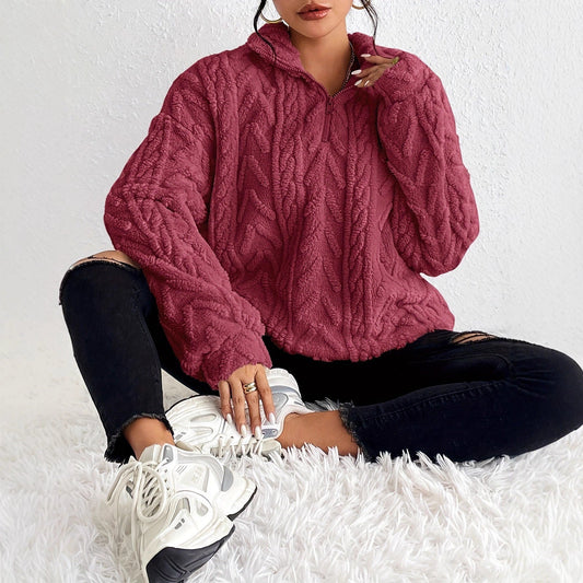 Women's Cozy Fleece Sweater with High Collar and Zipper Detail NOVAE