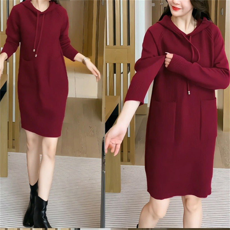 Women's knitted dress with hood and practical pockets NOVAE