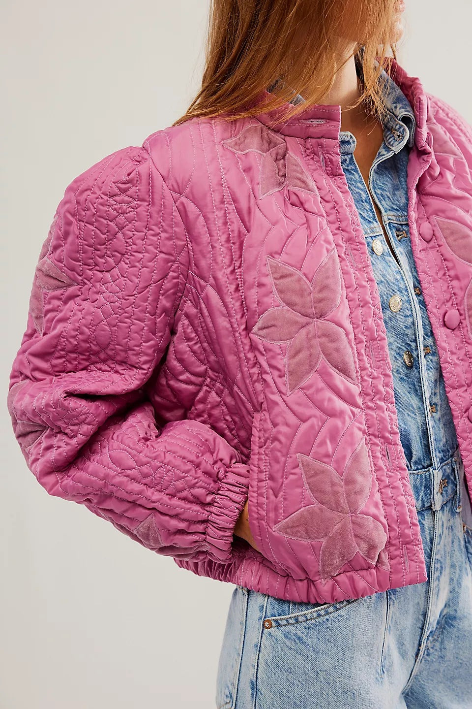 Women's quilted bomber jacket with floral design and elasticated cuffs NOVAE