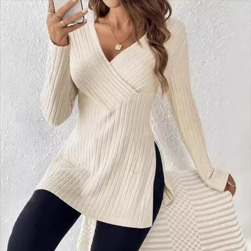Women's Long-Sleeved Wrap Top with Textured Design NOVAE