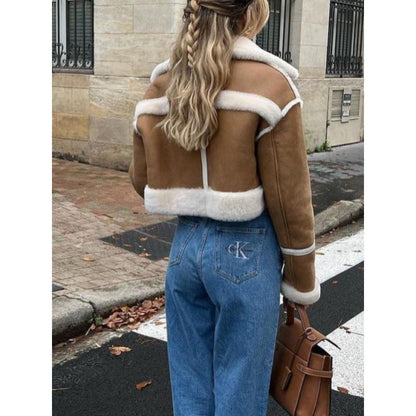 Women's short leather jacket with faux fur trim NOVAE