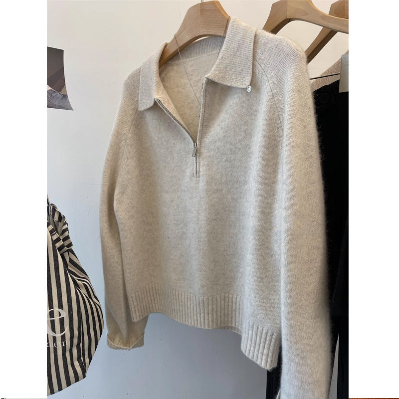 Women's Cozy Sweater with Stand-Up Collar and Short Zipper NOVAE