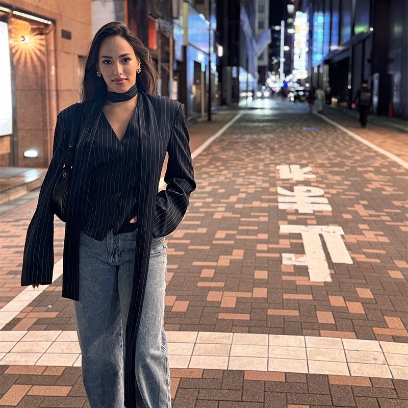 Women's Elegant Shirt Dress with Fine Pinstripes and Neckband NOVAE