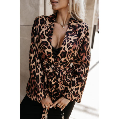 Women's Fashionable Leopard Print Blazer with Tie Belt NOVAE