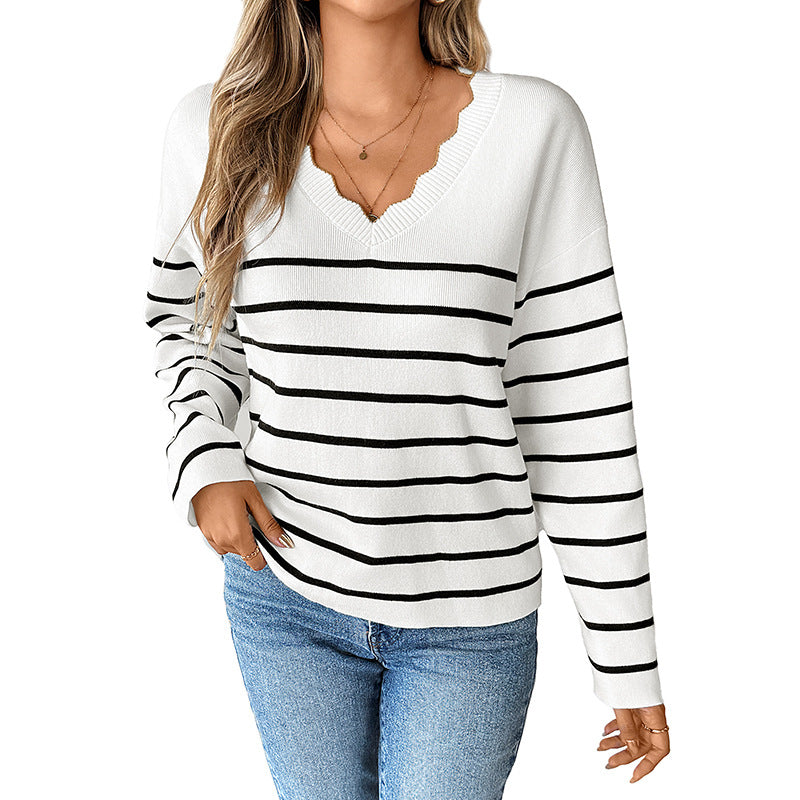 Women's V-neck knit sweater with fashionable striped pattern NOVAE