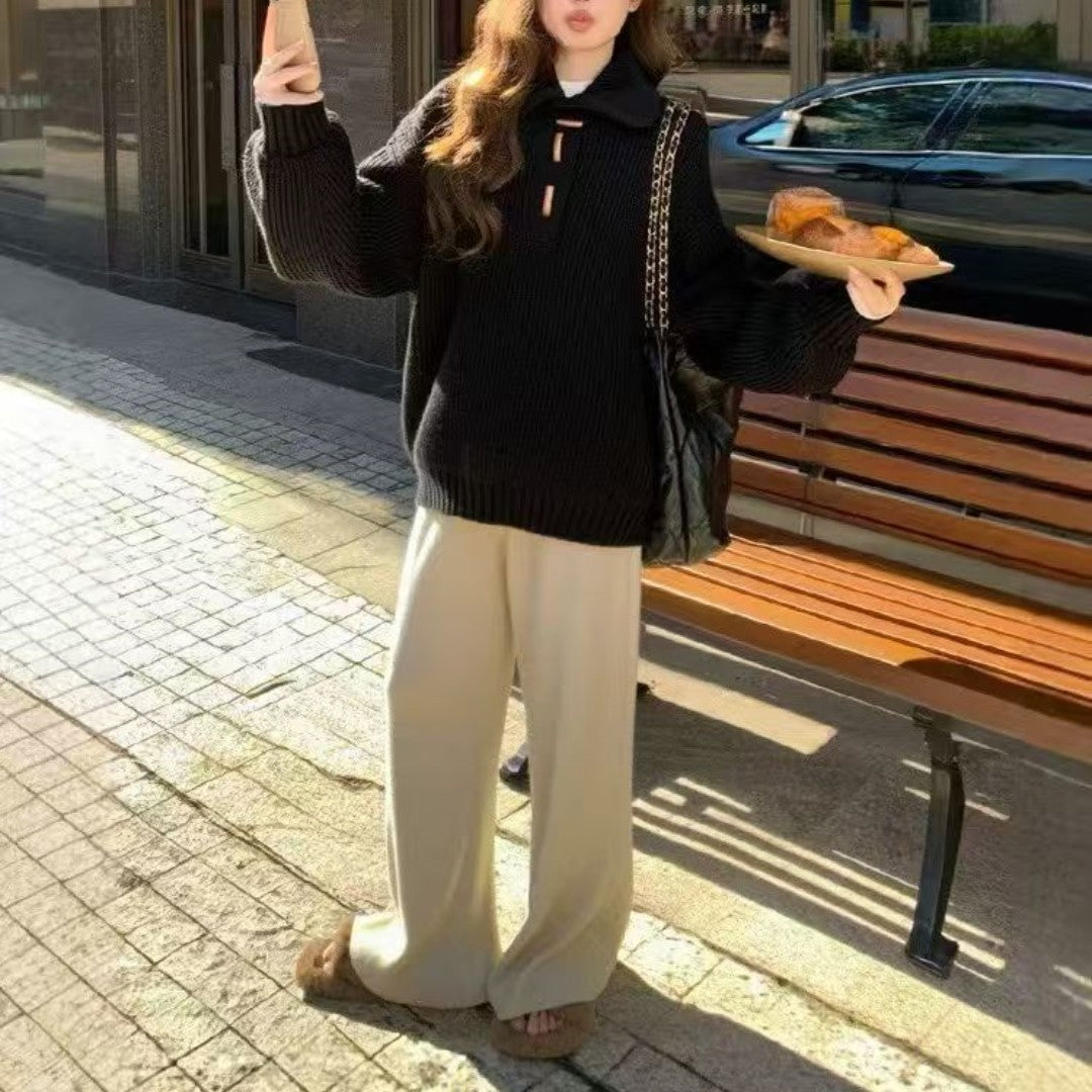 Women's chunky knit sweater with cable pattern and button details NOVAE