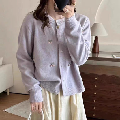 Women's cardigan with delicate pearl and flower appliqués NOVAE