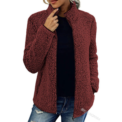 Women's fluffy fleece jacket with high collar and side pockets NOVAE