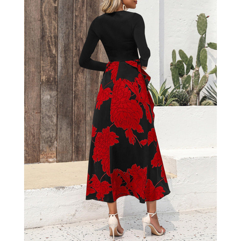 Women's Elegant Maxi Dress with Floral Ruffle and Long Sleeves NOVAE