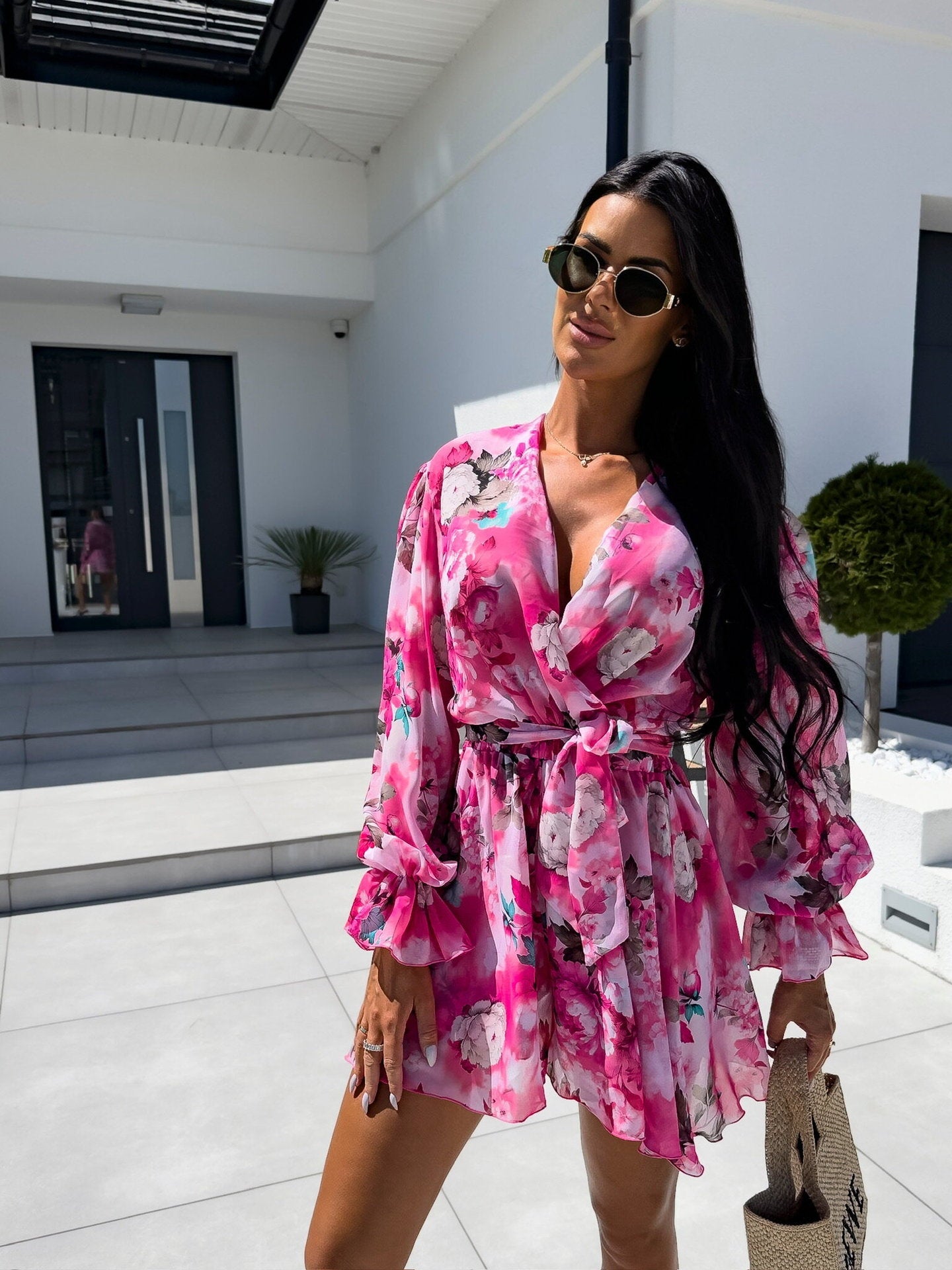 Women's wrap dress with elegant animal print and casual boat neckline NOVAE