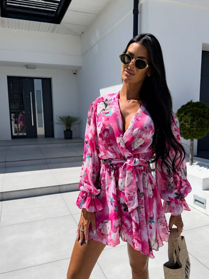 Women's wrap dress with elegant animal print and casual boat neckline NOVAE